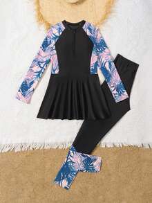 SHEIN 少女比基尼套装，针织吊带比基尼上衣搭配长袖印花拼接黑色裙子和拉链泳衣上装，以及印花拼接长裤，两件套泳装，时尚优雅的欧美风格，适合游泳、度假和海滩穿着。 - 彩色 - 查看 4