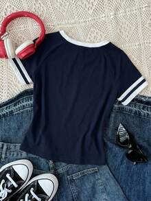 SHEIN Tween Girl Knight Print Round Neck Raglan Short Sleeve Casual T-Shirt - Navy Blue - View 2