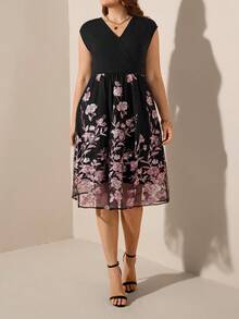 Comfylo Elegant Plus Size Women's Black Cap Sleeve V Neck Knee Length A Line Dress With Pink Floral Embroidery - Multicolor - View 5