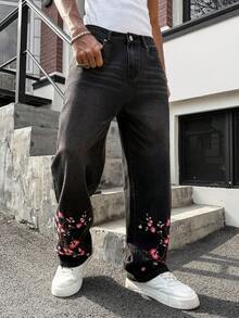 Manfinity EMRG 男士欧洲奢华梅花刺绣水洗直筒牛仔裤 - 深灰色 - 查看 6