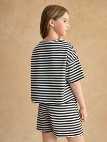 Sparklyn 少女休闲黑白条纹短袖T恤+短裤两件套 - 黑與白 - 查看 6