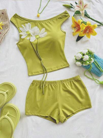 Soleia 女士夏季度假休闲3D花卉装饰不对称领口上衣和短裤两件套