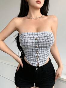 DAZY 女士格子不对称下摆抹胸上衣，单排扣设计，性感女士上衣，外出上衣，露脐上衣 - 黑與白 - 查看 4