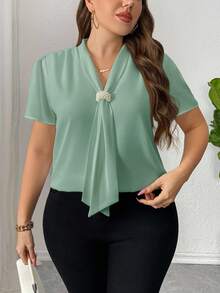 Firerie Plus Size Solid Color Ribbon Collar Short Sleeve Casual Minimalist Shirt - Mint Green - View 9