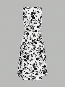 Ellevyn Women's Casual All-Over Print Round Neck Sleeveless Dress - Black and White - View 2