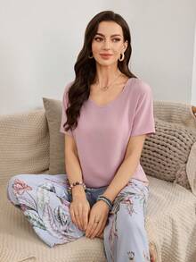 Serenescape Conjunto de pijama con estampado floral en contraste, lazo en la cintura y cuello en V de manga corta - Multicolor - Ver 4