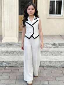 SHEIN 少女时尚撞色衬衫套装 - 白色 - 查看 9