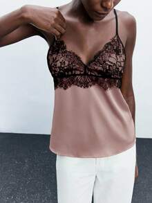 Maija 蕾丝拼接吊带背心，舒适亲肤，优雅百搭，适合外出、复活节、音乐节、毕业典礼、早午餐等场合。女士吊带背心，夏季女士上衣，蕾丝吊带背心，女士蕾丝吊带背心。 - 藕粉色 - 查看 7