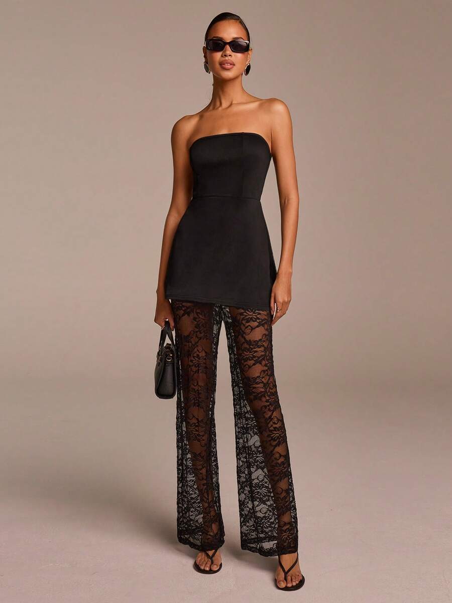 COSMINA 2pcs Women Strapless Mini Dress & Lace Pants Set, Casual Elegant Modern Mini Dress Suit, Black Lace 2 Piece Set Sleeveless Top & Long Pants Outfit - Black - View 1