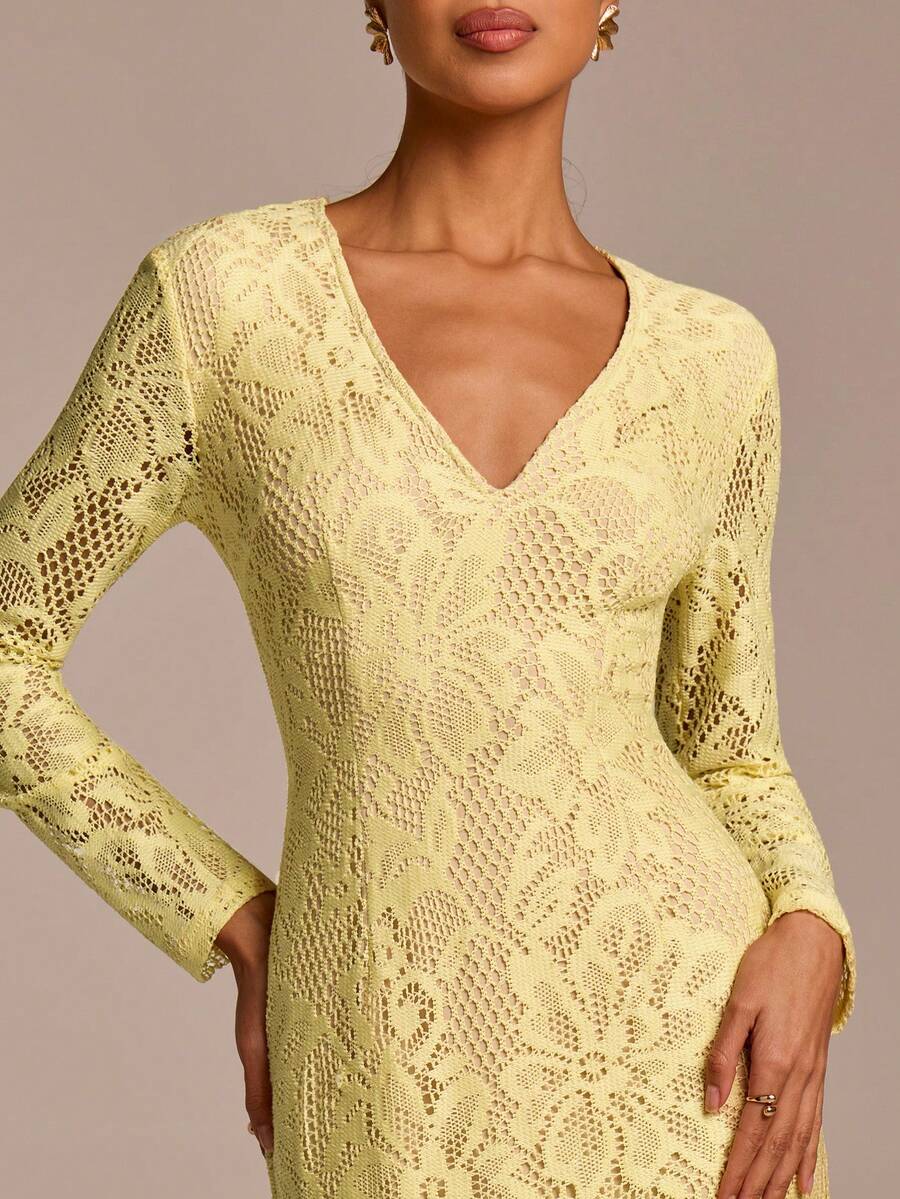 COSMINA Women's Elegant Deep V-Neck Long Sleeve Lace Waist Cinched Dress, Suitable For Vacation, Commute, Office, Outing, Date, Valentine's Day, Evening Party, Wedding Season - Yellow - View 1