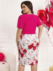 Reflora Vestido de mujer talla grande de punto elástico con estampado floral de primavera, elegante y romántico para uso diario, adecuado para el Día de San Valentín - Rojo violeta - Ver 2