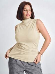 Chikora Plus Size Ruched Slim Fit Stand Collar Tank Top Concert Women,Business Casual Tank Top - Apricot - View 4