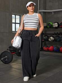 Flexra 大码女式抽绳腰带口袋休闲百搭日常阔腿牛仔裤 - 深灰色 - 查看 3