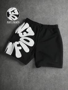 SLATEMANN Men's Summer Casual Letter Print Drawstring Waist Shorts - Black - View 4