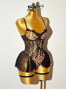 3pcs Set Sexy Leopard Print Lace Patchwork Deep V Sheer Criss-Cross Backless Jumpsuit - Multicolor - View 8