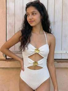 SHEIN Traje de baño de una pieza con detalle de estrella de mar hueca, tirante desmontable y fruncido para adolescentes y niñas, color negro, para verano y playa - Albaricoque - Ver 7