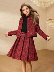 Tween Girl Autumn Simple Solid Color T-Shirt, Single-Breasted Jacket And Pleated Skirt 3-Piece Set - Burgundy - View 5