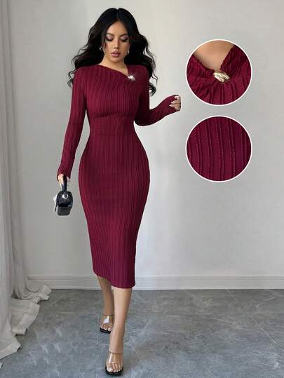 Elenzga Vestido elegante ajustado con cinturón, cuello en V asimétrico y tela texturizada, adecuado para Navidad, Año Nuevo, Acción de Gracias, Día de la Independencia, Vuelta al Colegio, Fiesta de Año Nuevo, color burdeos