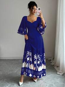 Mulvari Women's Vacation Ruffle Sleeve Fashionable Placement Print Dress - Blue - View 6