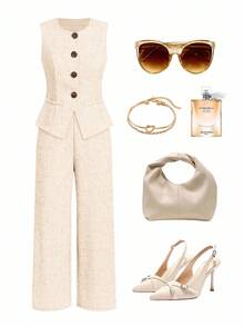 Ellevyn 无袖上衣和裤子 简约通勤优雅亚麻质感两件套 - 棕色 - 查看 7