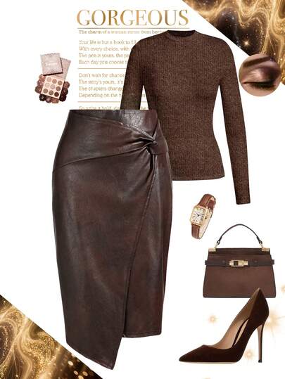 Ellevyn Women's PU Leather Asymmetric Hem Twist Waist Skirt,Summer Outfits For Women