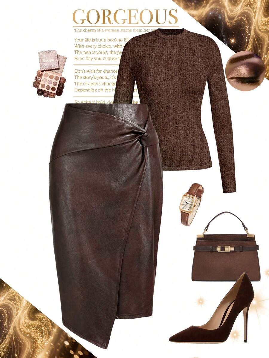 Ellevyn Chân váy nữ bằng da PU, vạt bất đối xứng, cạp xoắn. - màu nâu - Xem 1