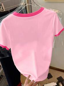 Camiseta de mujer de manga corta con cuello redondo, estampado de bandera americana y letras en bloques de color - Multicolor 13 - Ver 2
