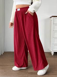 SHEIN EZwear 大码女式高腰宽松阔腿裤，卡其色灯芯绒面料，带口袋和贴布设计，适合校园、日常穿着和室内工作，秋冬季穿着。 - 紅色 - 查看 5