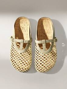 Solecia 女士T字带装饰圆头休闲平底凉鞋，舒适简约设计，卡其色，适合通勤和度假穿着 - 卡其色 - 查看 2