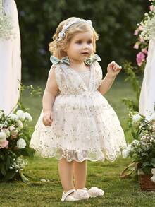SHEIN Vestido elegante y lindo para bebé niña con bordado floral y decoración de lazo de malla - Albaricoque - Ver 4