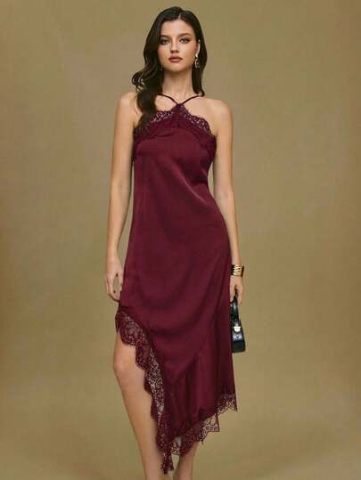 Poéselle 女士性感纯色蕾丝拼接不对称下摆吊带连衣裙