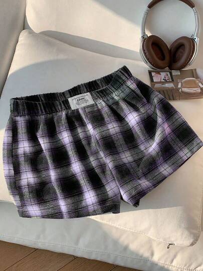 Comfortcana Pantalones cortos casuales y sueltos de mujer con cintura elástica, parche y cuadros, color morado