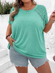 SHEIN CURVE+ Plus Size Color Block Lace Splicing Short Sleeve T-Shirt, Suitable For Beach Vacation In Summer Boho Vacation - Green - View 3