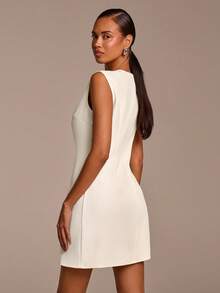 COSMINA Women's Elegant Sleeveless Crystal Teardrop Collar Mini Dress, Versatile For Commute, Office, Dates, Parties, Spring - White - View 2