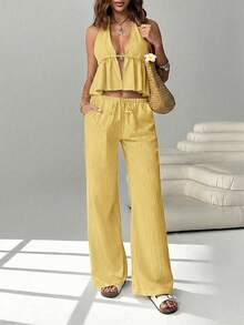SHEIN EZwear 2pcs Women's Chiffon Casual Vacation Beach Outfit - Vest & Pants Set, Spring/Summer Two Piece Vacation Set Women Summer Two Piece Sets Beach 2 Piece Set Yellow Two Piece Sets Linen Two Piece Set - Yellow - View 6