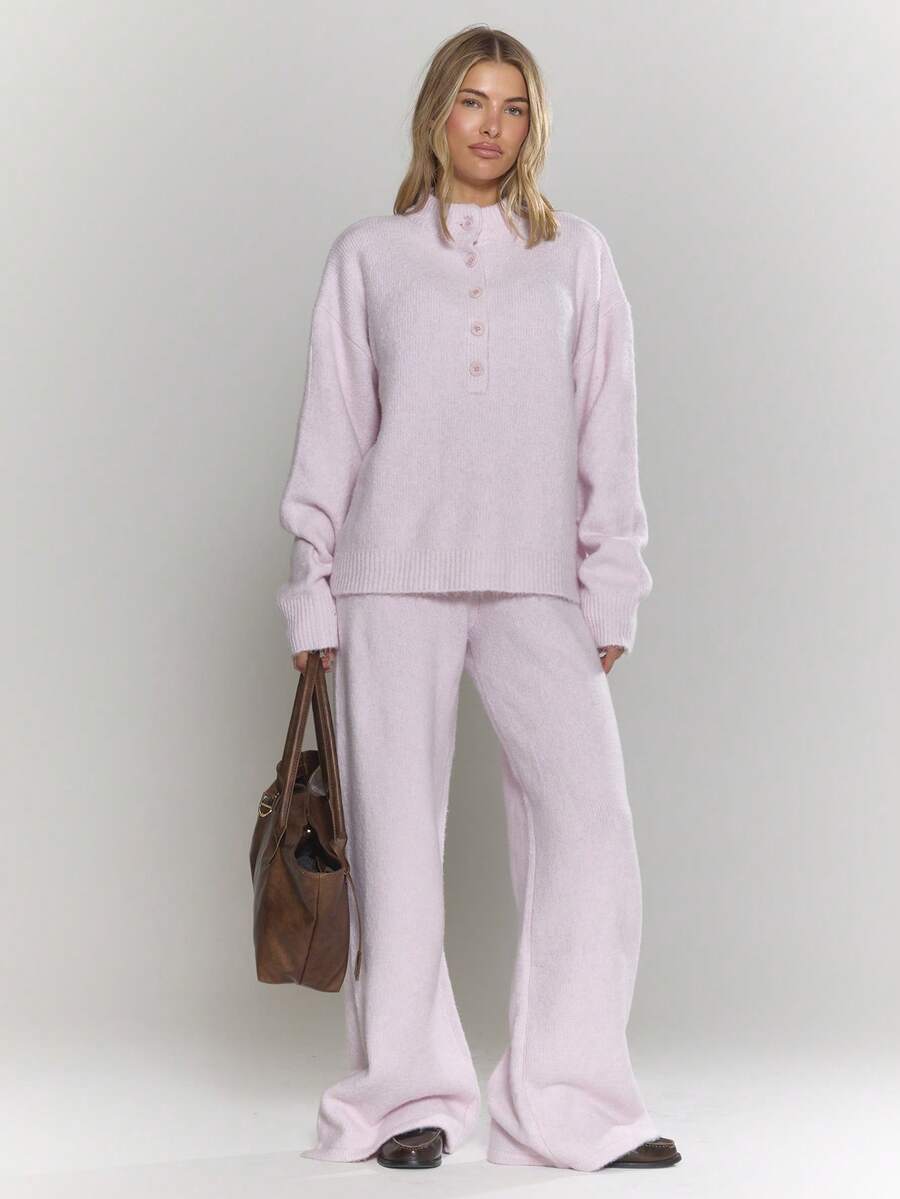 MUSERA Wide Leg Button Detail Knit Co-Ord Trousers Only Winter Going Out Everyday Night Out Casual Cool Streetwear Washed Evening Party Elegant Christmas - Baby Pink - View 1
