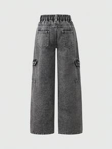 SHEIN ChillGRL Girls' Fashionable Sweet Heart Embroidery Straight Leg Loose Fit Jeans - Light Grey - View 2