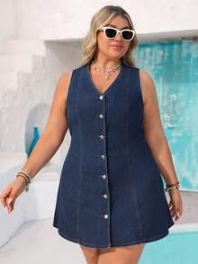 EMERY ROSE EMERY ROSE Neue Damen Jeans-Kleid in Große Größen, V-Ausschnitt, Einreiher, Casual, ärmelos, tailliert, A-Linie Denim Kleid, dunkelblau. Geeignet für Casual-Urlaub, Ausflüge, Strandmode und Musikfestivals. Sommer-Strandurlaubs-Outfits für Frauen, Geburtstags-Outfits für Frauen, Urlaubs-Outfits für Frauen in Große Größen, Denim Kleid für Kurven, Casual-Kleid in Große Größen, Denim Kleid mit Knöpfen, Büromode für Frauen, Denim Kleid für Frauen, Denim Kleid für Frauen, Sommer-Kleider für Frauen, Casual-Kleider für Frauen, Sommer-Denim Kleid für Frauen, Kurven - Dunkle Waschung - Übersicht 6