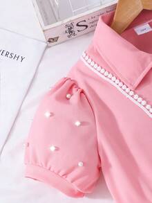 SHEIN Váy Cardigan tay bồng cổ tròn màu trơn mùa hè có túi cho bé gái tuổi teen - Hồng - Xem 5