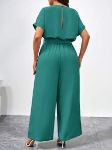 SHEIN Clasi Plus Size Elegant Round Neck Jumpsuit With Waist Belt And Wide Leg - Teal Blue - View 2