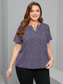 Chikora Summer Shirts Plus Size Short Sleeve Summer Blouse With Notched Lapel - Purple - View 4