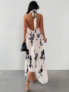 Firerie 女士优雅简约精致浪漫度假约会节日派对露背系带印花褶皱面料不对称下摆宽松A字长裙 - 杏色 - 查看 8