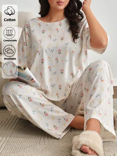 EURMUSE Women PLUS SIZE Cıotton 2 Pcs Floral Patttern Round Neck Short Sleeved Shirt&Long Pants Homewear Comfort Lounge Set Round Neck Pajama Set Soft Pajamas Set Night Wear Pajama Set Pajama Sets For Women Sleepwear Women Set
