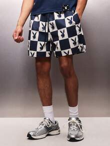 PLAYBOY X SUMWON Checkerboard Pattern Pull On Nylon Shorts With Elastic Waist For Casual Summer Streetwear Style - Blue - View 1