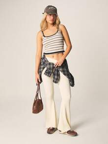 MISSGUIDED High Waist Ribbed Knit Flare Leg Pants With Back Patch Pockets For Casual Fall Spring Everyday Wear - Beige - View 3