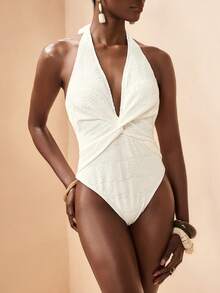 Zivah 2026 Spring/Summer Women's Solid Color Twist Back Halter One-Piece Swimsuit - Apricot - View 7