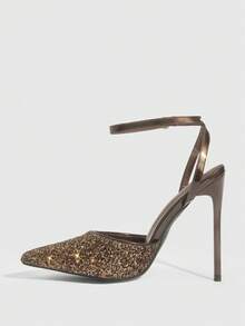 CUCCOO SZL 女鞋尖头细高跟浅咖啡色亮片踝带后跟女鞋简约优雅时尚性感派对宴会夜店女高跟鞋女鞋 - 格力特香檳48 - 查看 9