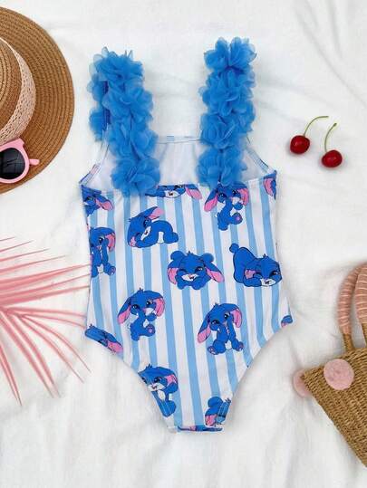 SHEIN Traje de baño de una pieza con estampado de conejo lindo para niñas, de poliéster, adecuado para natación en verano, bañador casual de colores de moda