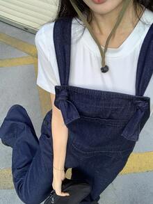 DAZY 女士宽松休闲时尚街头风系带吊带裤，收腰设计，宽松版型，直筒牛仔背带裤/连体裤，春夏款 - 深色水洗藍 - 查看 6