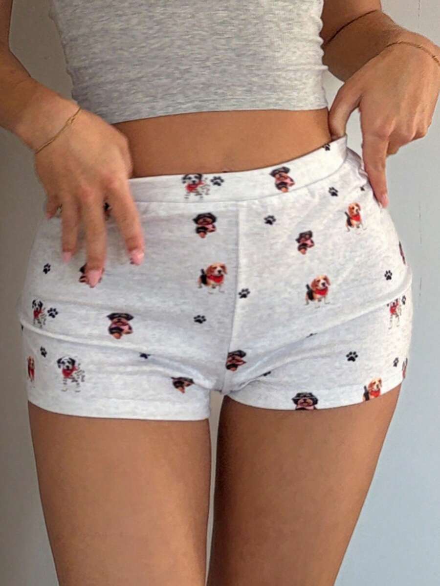 DAZY Pantalones cortos ajustados de pijama para mujer con estampado de perro feliz - Blanco - Ver 1